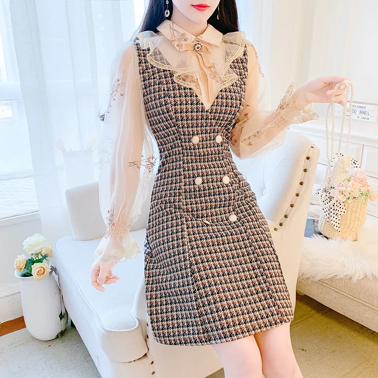 

Women Fashion Peter Pan Collar Patchwrok Mesh Flare Long Sleeve Mini Dress 2021 Summer Ladies British Style Slim A Line Vestidos