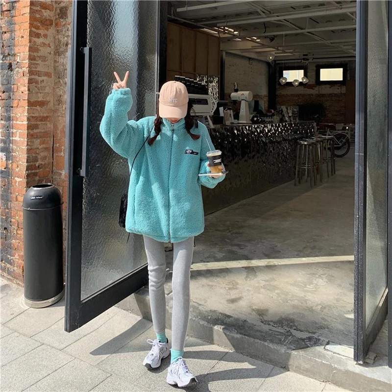 

Women Jacket Student 2021 New Autumn And Winter Loose Zipper Female Thick Coat Teenager Girl Polyester Sherpa Korean Style 09