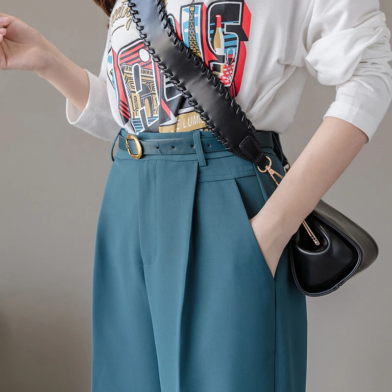 Брюки женские с завышенной талией элегантные свободные модные однотонные