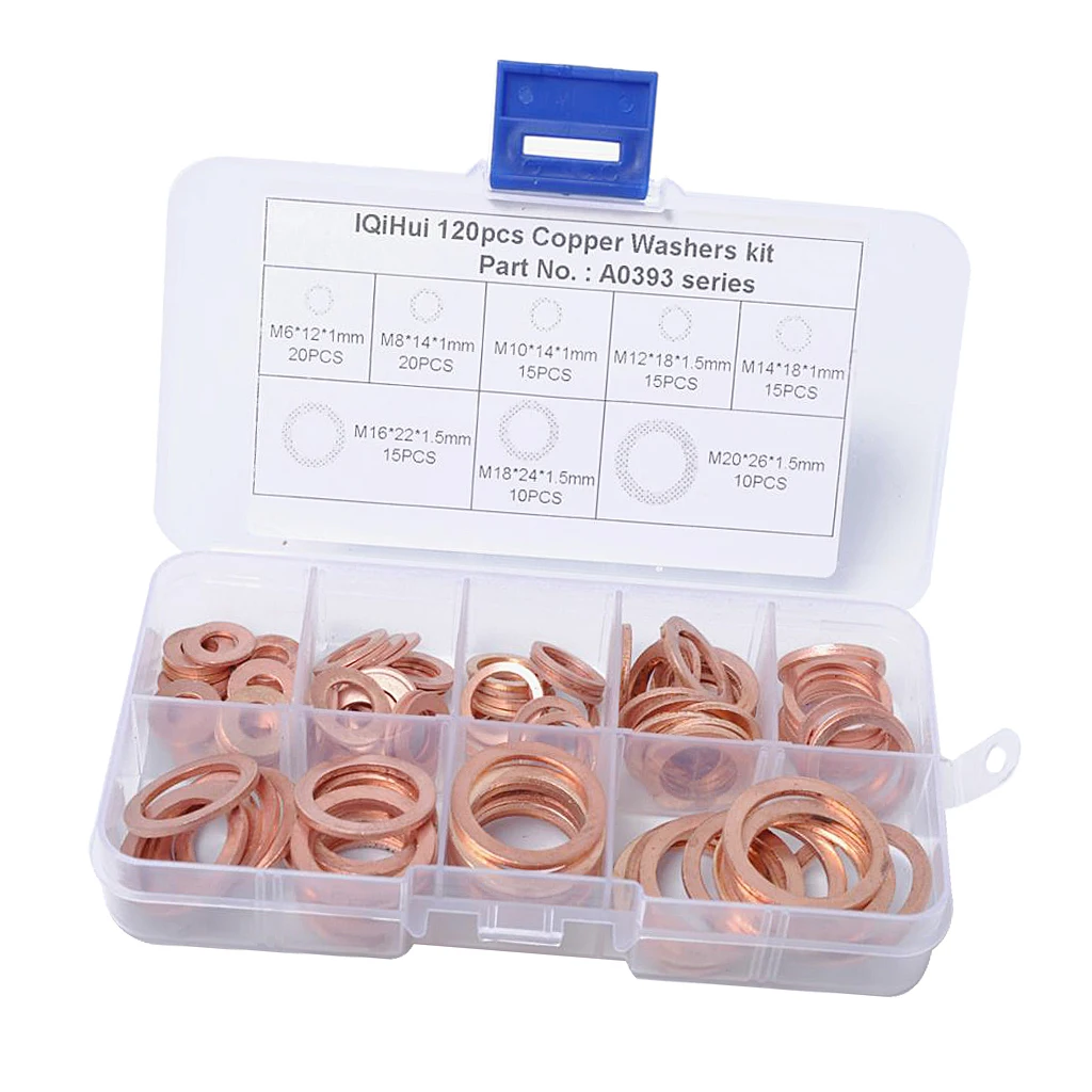 

120 Pack of Copper Washers Engine Seal Flat Ring Gasket Fastener Metric Sealing Spacer Assortment Set - 8 Sizes