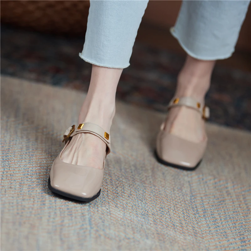 

VERCONAS Casual Low Heels Women Pumps Mary Janes Square Toe Shoes Woman Genuine Leather 2021 Newest Spring Concise Rivets Buckle