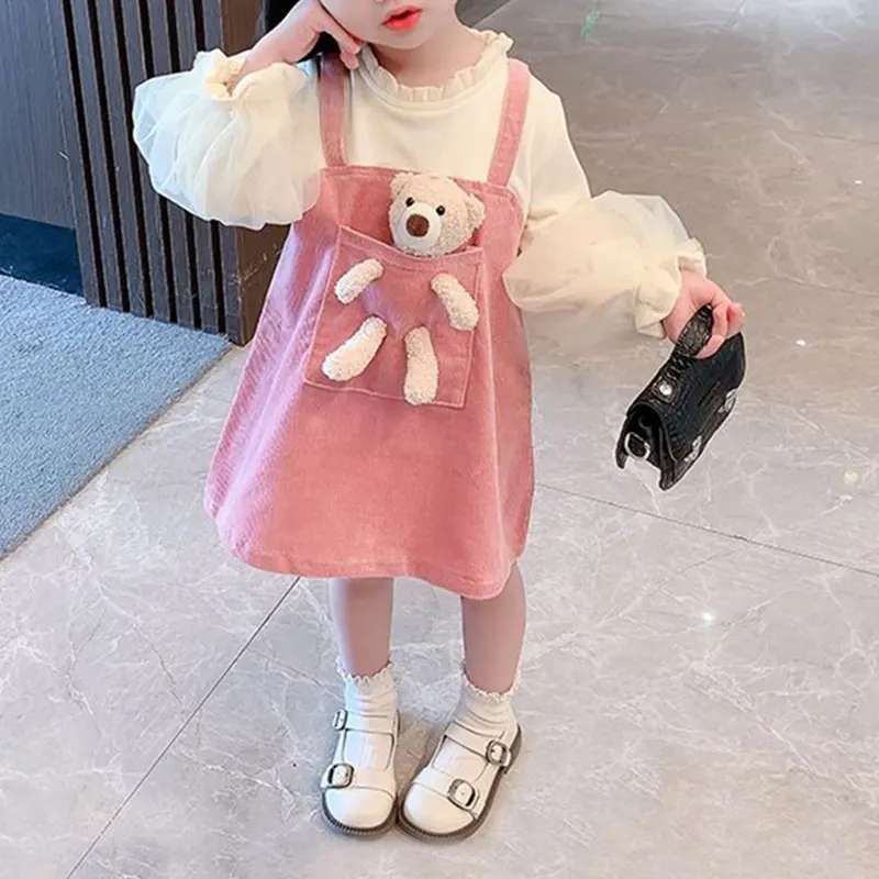 

Autumn Princess Dress for Girls Full Sleeve Fake Two-Piece Suspenders Korean Children Clothes Toy Bear Rabbit Kids Girl