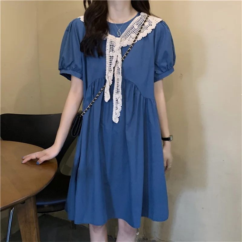 

Sweet Kawaii Lolita Style Elegant Women Dress Spring Summer A-Line Loose Pullover Puff Sleeve Hollow Out Shawl Mini Ladies Dress