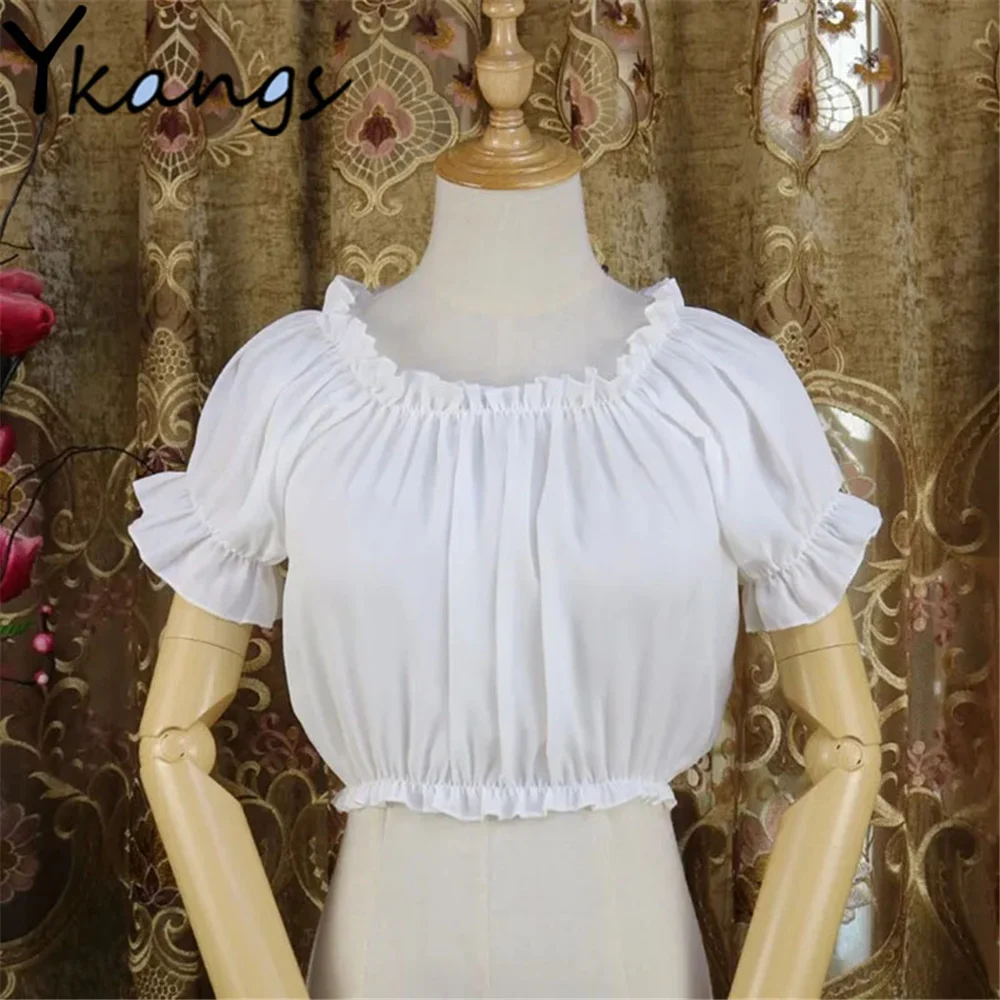 

Vintage Chiffon Slash Neck Lolita Inside Shirt Puff Short Sleeve Summer Japanese Preppy Style White Tops Kawaii Sweet Clothing