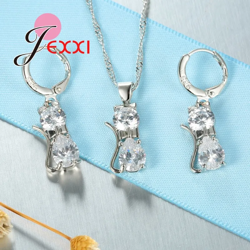 

New Jewelry Set 925 Sterling Silver Cat Shape Crystal Zircon Earrings Pendant Necklace For Banquet Dress Wedding Party