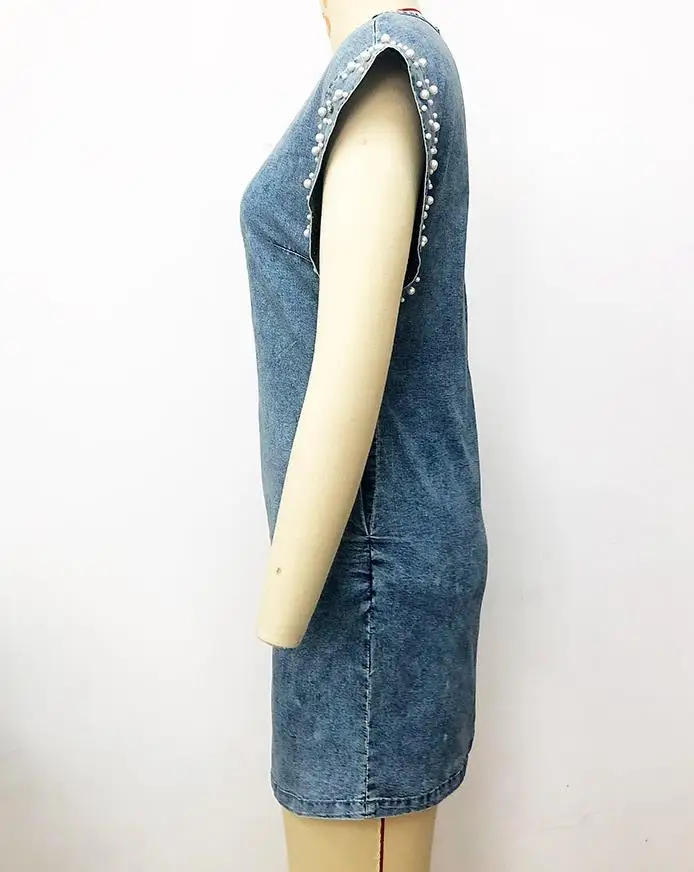 

Fashion Women Summer Round Neck Pullover Cuff Beads Denim Tops Fashion Sexy High Quality Hidden Pocket Solid Leisure Jeans Dress
