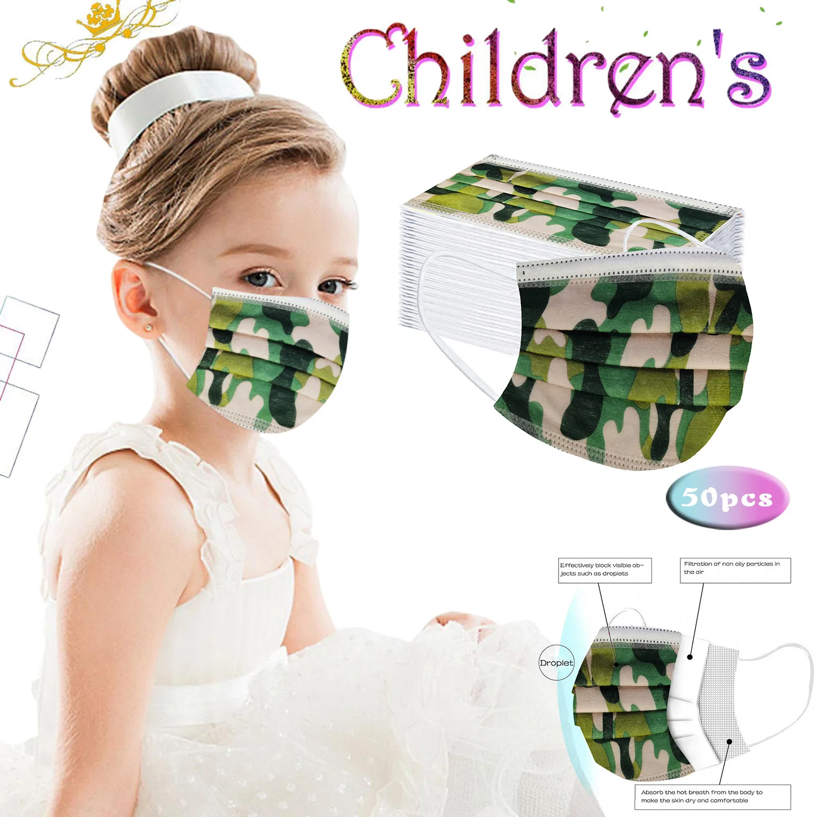 

Fast Delivery 50PCS Children's Mask Camouflage Disposable Face Mouth Mask 3Ply Ear Loop Breathable Masks mascarilla masque maska