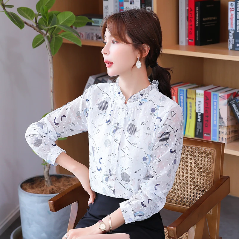 

Cute printing chiffon blouse 2020 autumn new standard collar design print blouses shirt for women white blouses