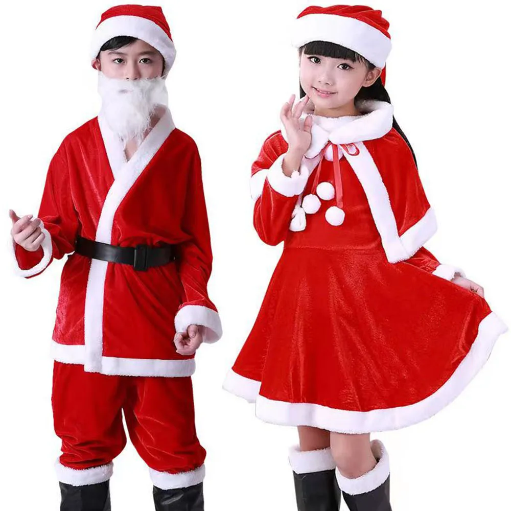

3-Piece Set of Christmas Children's Santa Claus Costume Set Cosplay Gold Velvet Material Warm Dress Hat Shawl Top Optional Size