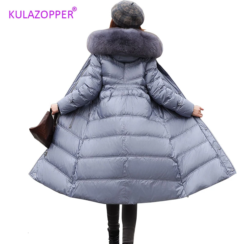 KULAZOPPER, Женская длинная парка, натуральный Лисий мех, воротник с капюшоном, пуховик, зимняя куртка, женская брендовая Роскошная модная новинка, верхняя одежда LH016