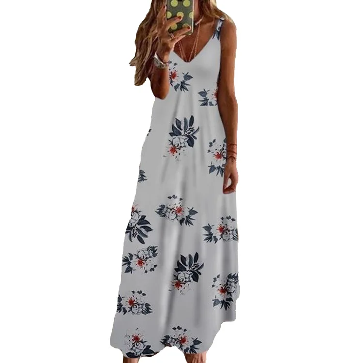 

2021 Summer New Dress Popular Vacation Style Spaghetti-Strap Floral Print Dress