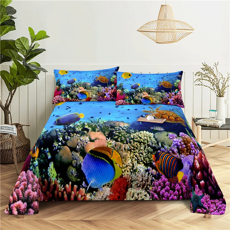 

Seafloor Animals 0.9/1.2/1.5/1.8/2.0m Digital Printing Polyester Bed Flat Sheet With Pillowcase Print Bedding Set
