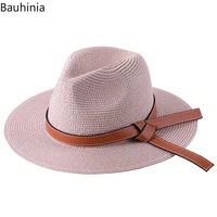 bauhinia brand women classic flat brim belt straw cap pink sun hat simple summer beach hat female casual panama hat lady fedora