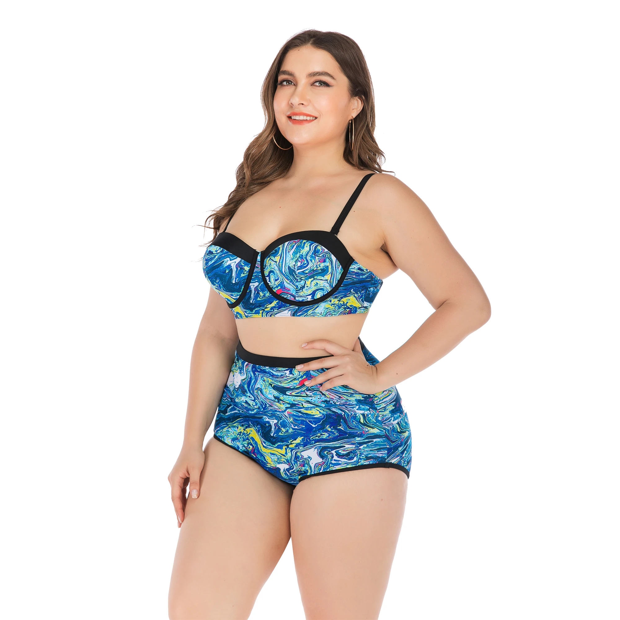 Женский купальник бикини с принтом в стиле ретро высокой талией комплект размера