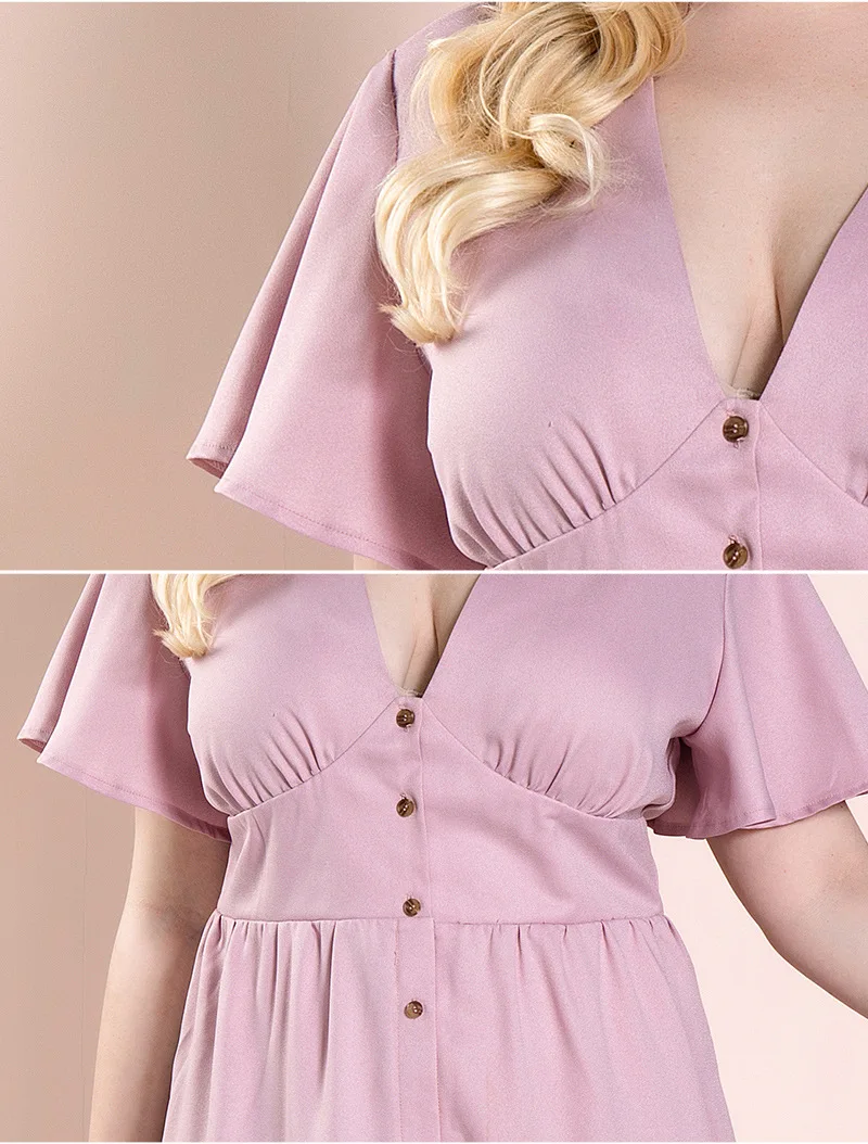 

Migazure Plus Size Dress Summer Autumn Ladies Elegant Sweet Pink Chiffon Flare Sleeve Thin Long Casual Dresses Fat Woman Girl