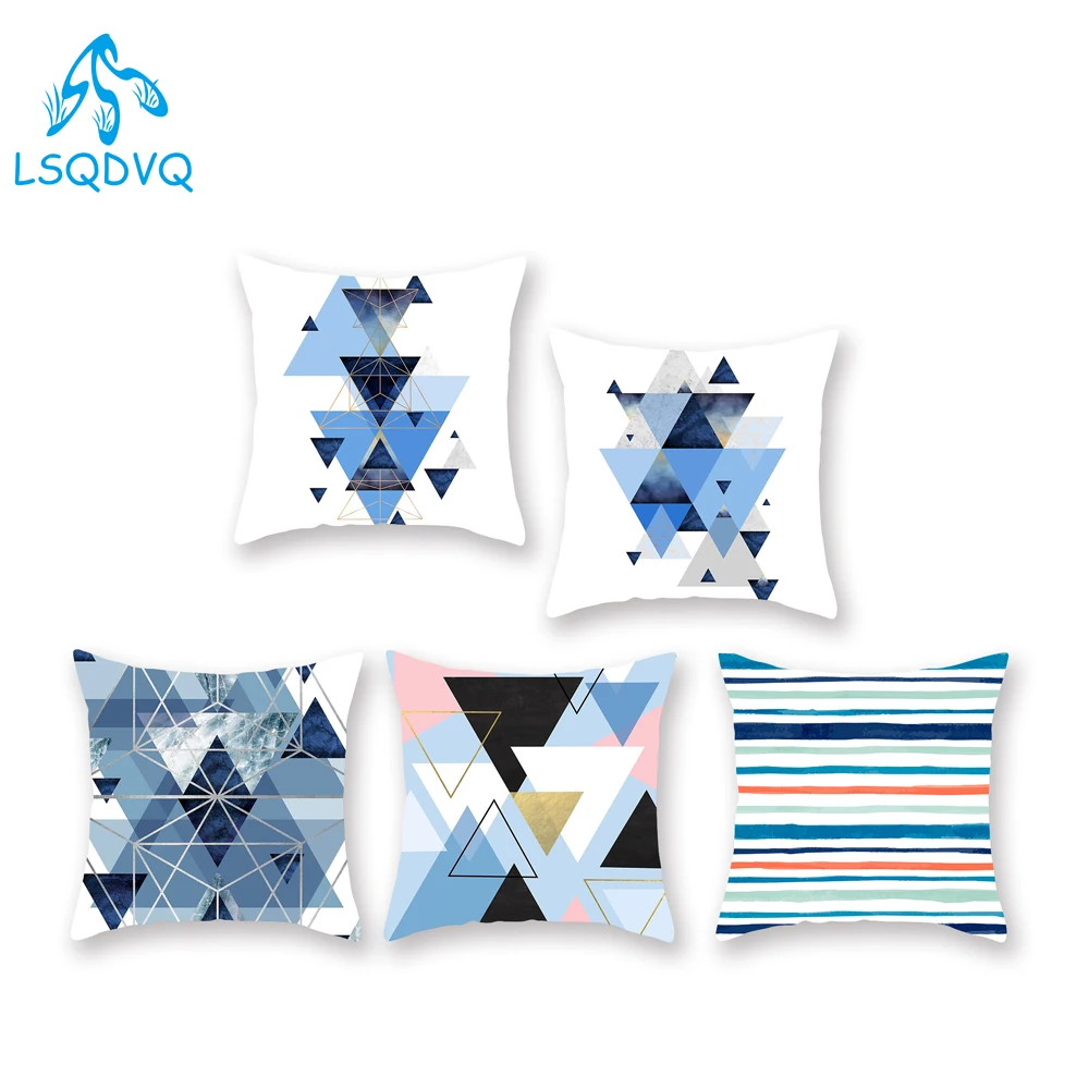 Декоративный чехол для диванных подушек полиэстеровый голубой с абстрактными