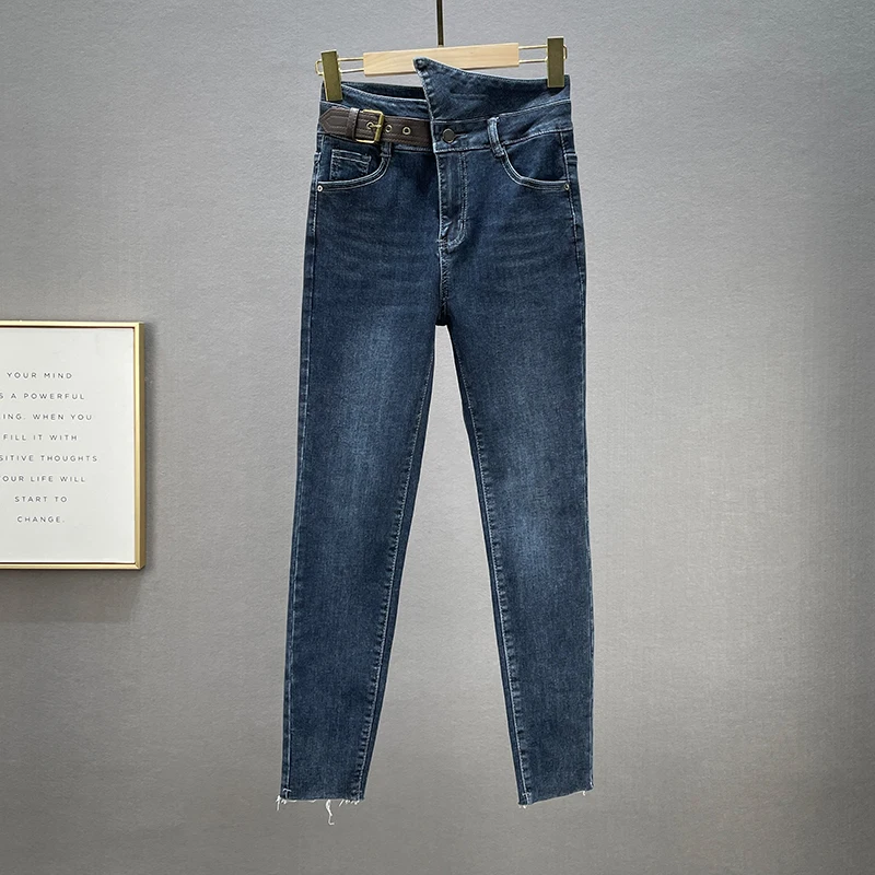 

Cotton Elastic Denim Trousers for Women 2021 Autumn Winter New Slimming Irregular High Waist Skinny Pants Lady Blue Jeans Jean