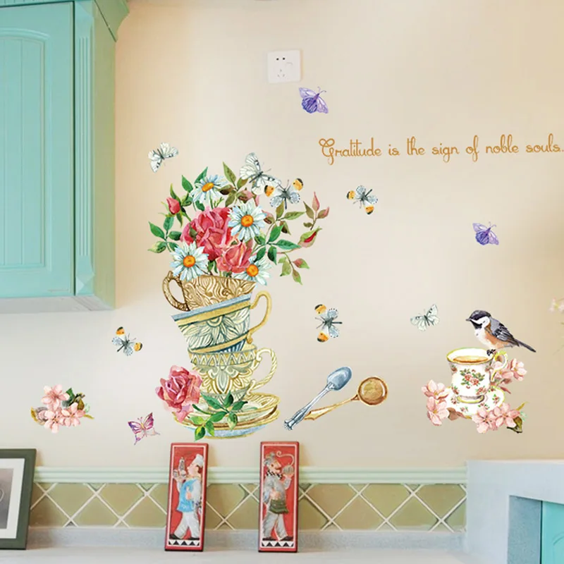 

Ручные окрашенные чашки с цветами, настенные наклейки, домашний декор, гостиная, спальня, кухня, художественные Переводные картинки, роспис...