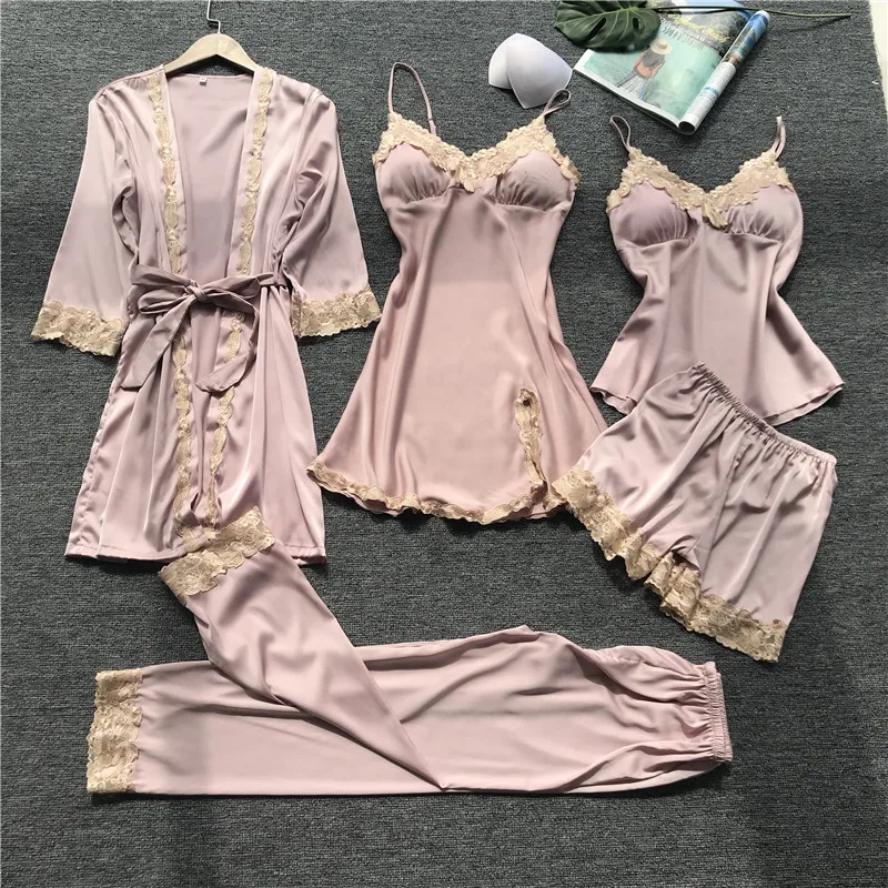 

Autumn Sexy Women Sleepwear 5pcs Sleep Lounge Set Faux Silk Lace Pyjamas Femme Bathrobe Nightwear Pijama Mujer Indoor Clothing