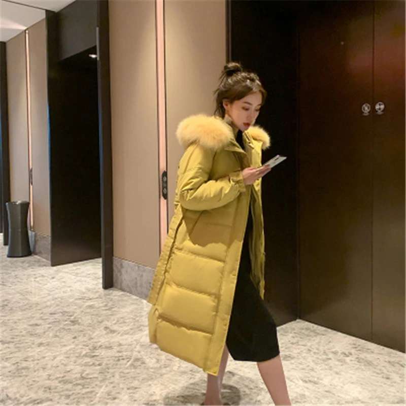 

New Women's Fur Collar Hooded Long Down Coat Winter Solid Color Belted Thick Warm Parkas Female Outerwear piumini donna 2020