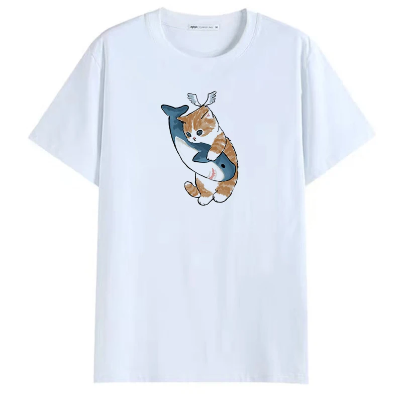 Женская футболка с круглым вырезом и принтом белая коротким рукавом в Корейском