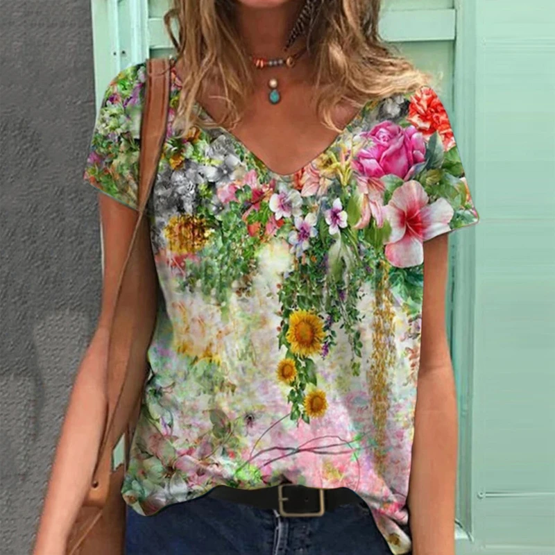 

Graphic T-Shirts Women Summer 3D Flower Print V-Neck Short Sleeve Tee Shirts Casual Loose Oversized T-Shirt Y2K Top Plus Size