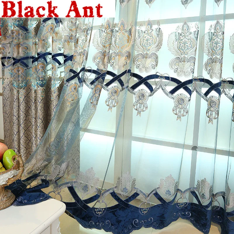 Европейская роскошная занавеска с вышивкой для гостиной голубой балдахин