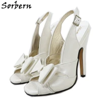 sorbern pearl white genuine leather slingback sandals women open toe bowknot 14cm high heel stilettos shoe for crossdresser
