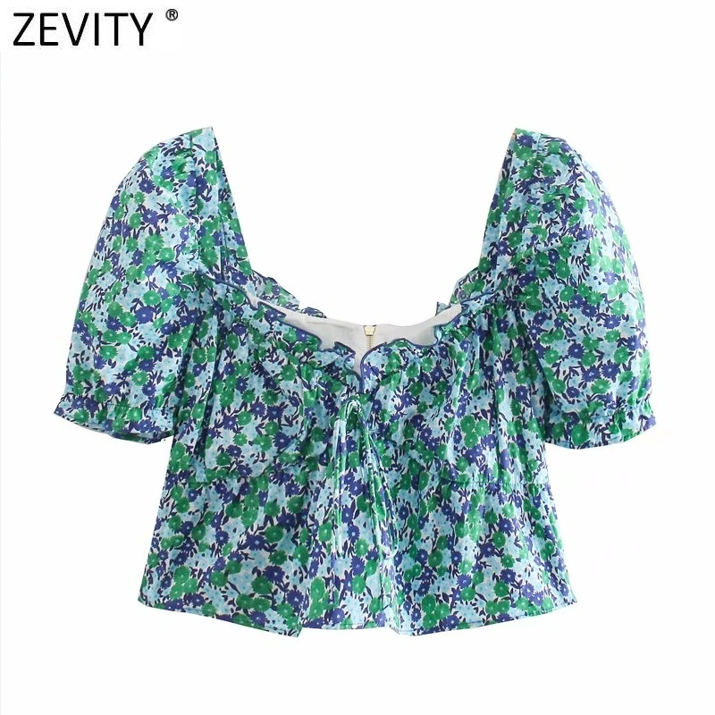 

Женская блузка с оборками ZEVITY, облегающая Короткая свободная блузка со складками и цветочным принтом, с пышными рукавами, на молнии сзади, ...