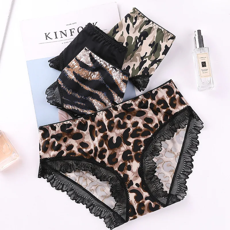 

Sold by 6pcs/lot-New leopard ladies lace sexy mid-waist ice silk cotton crotch briefs