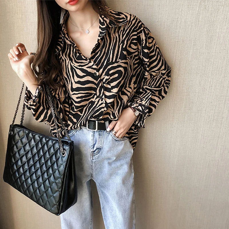 Женские блузки в винтажном стиле с леопардовым принтом рубашки длинным рукавом и
