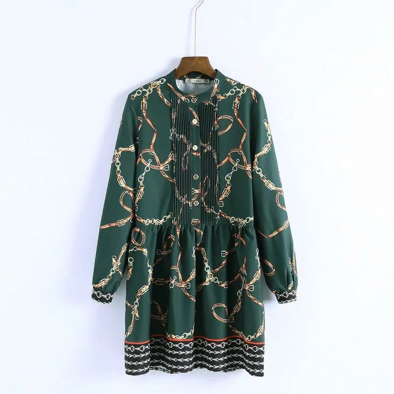 Женское мини платье с принтом цепей Za повседневное зеленое длинным рукавом для