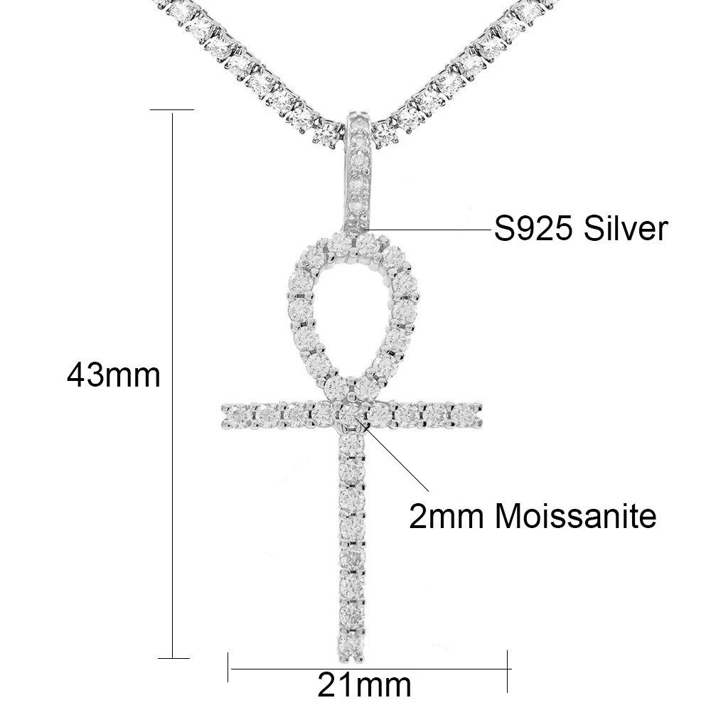 Moissanite S925 Silver Long Ankh Cross Pendants Necklace Real Diamond Iced Out Necklaces For Men Women Jewelry Pass Tester