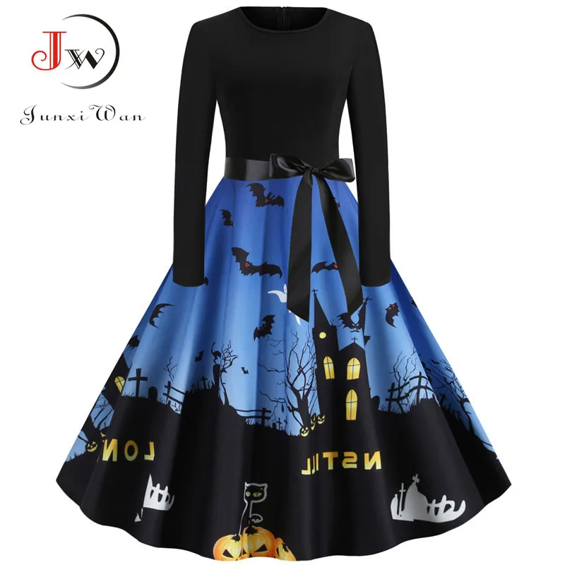 Junxi Wan повседневное винтажное платье с длинным рукавом и принтом тыквы на