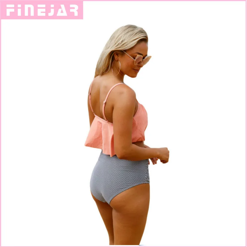 Finejar Высокая талия купальный костюм Новинки для женщин рюшами Винтаж Топ и