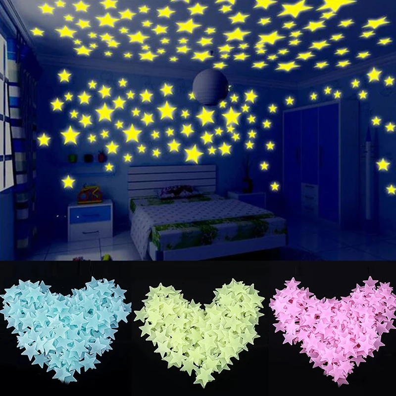 

3D Star And Moon Glow in Dark Toys Luminous Stickers Bedroom Sofa Fluorescent Painting Toy Stickers for Kids Room 100pcs/Bag