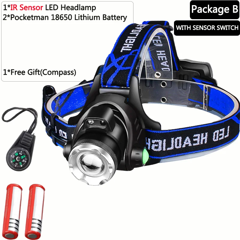 With Sensor-B Самый мощный светодиодный налобный фонарь для рыбалки T6/L2/V6, 3 режима, масштабируемая лампа, водонепроницаемый Головной фонарь, фонарь, фара 18650 - Испускаемый цвет: With Sensor-B