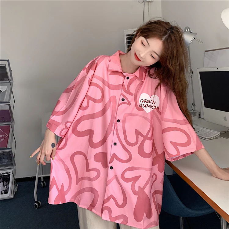 

Chiffon Loose Plus Size Women Shirts New Fashion Blouse Casual Short Sleeve Blusas Love Print Button Polo Shirt Summer Houthion
