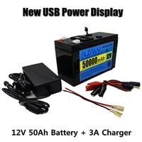 12v50ah portable lifepo4 lithium battery rechargeable battery pack built in 5v 2 1a usb power display charging port with charge
