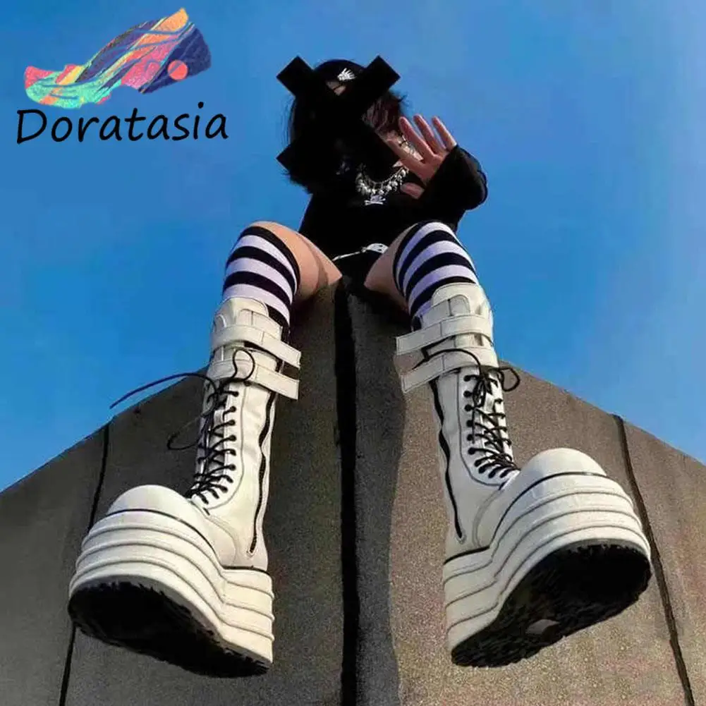 

DORATASIA Big Size 43 Women Boots Solid Zipper Buckle Lace Up Thick Bottom Wedges Platform Boots Mid Calf Trendy Cosplay Shoes