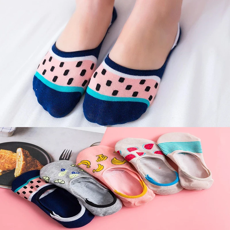 

Ladies Summer Invisible Short Boat Socks Watermelon Fruit Stripe Printed Silicone Socks Funny Cute Socks Invisible Cotton Socks