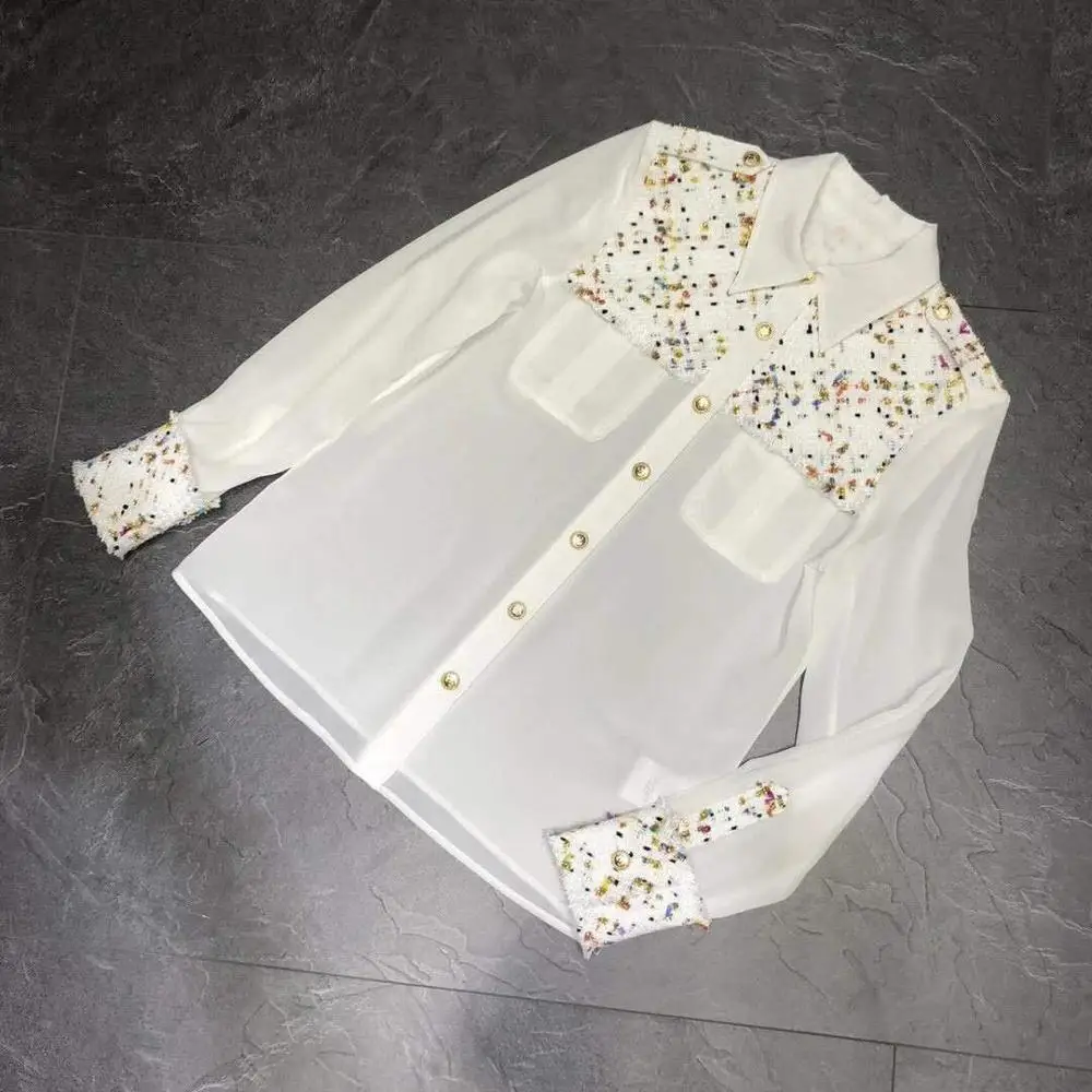 

Женская модельная блузка с длинным рукавом, шелковая офисная блузка белого и черного цветов в стиле пэчворк для работы, Весна-Осень 100%