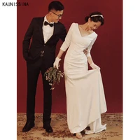 kaunissina korean style simple wedding dress v neck 34 sleeve bridal dresses custom made beige white sweep train bride gowns