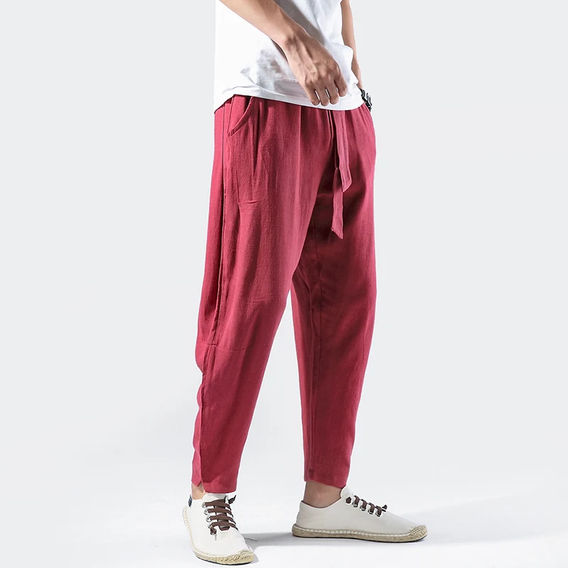 

Streetwear 2021 New Summer Hip Hop Harem Pants Men Joggers Full-Length Cotton Linen Trousers Male Casual Baggy Pants With Belt