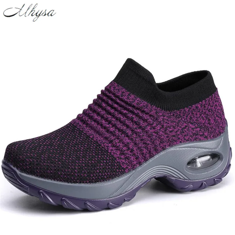 Кроссовки носки женские сетчатые дышащие повседневная обувь на платформе черные