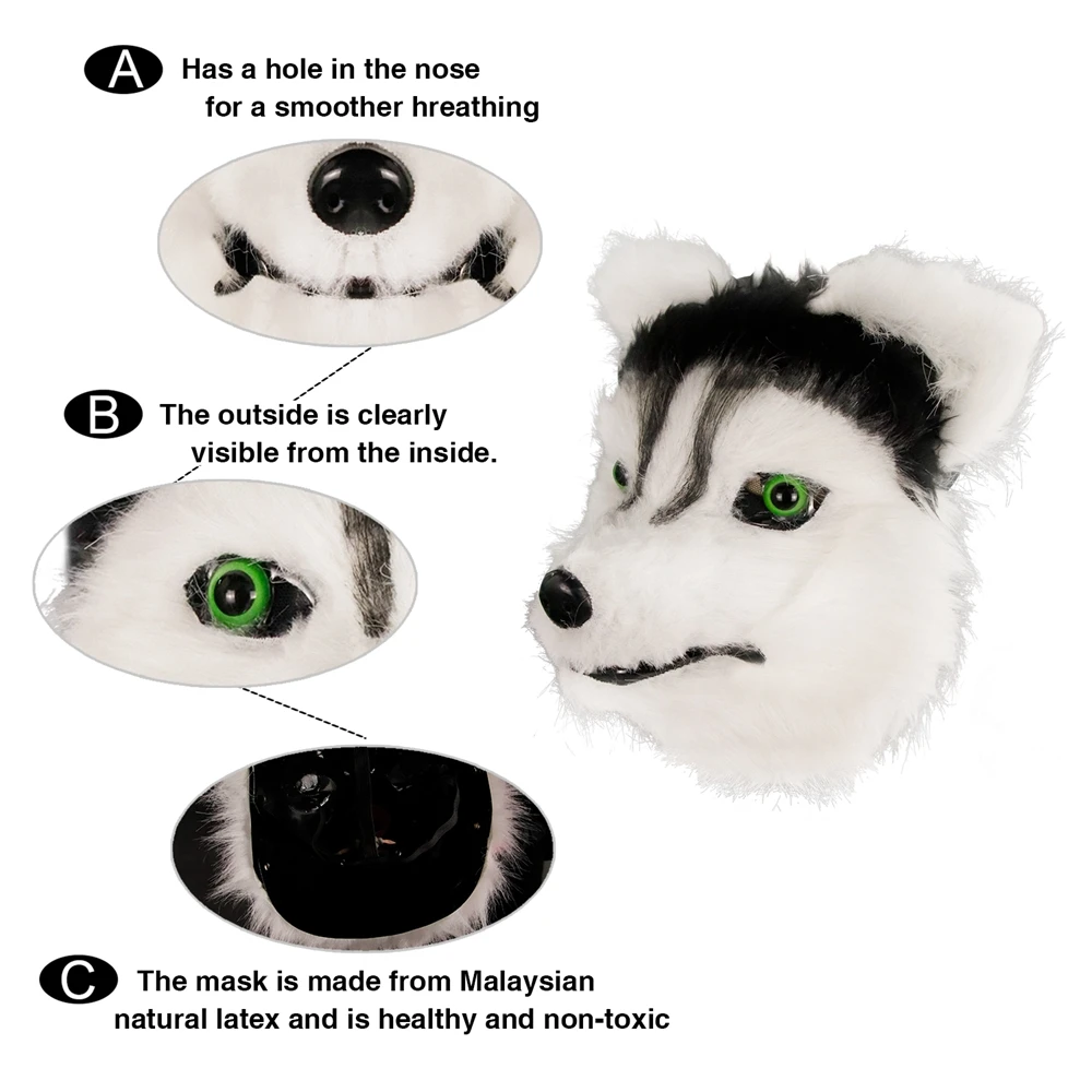 Waylike Halloween Siberian Husky Dog Latex Mask Novelty Costume Party Fancy Dress Hair Bearing Head | Тематическая одежда и