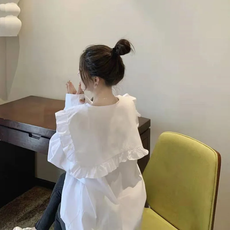 

KUSAHIKI Korean Sweet Lace Up Peter Pan Collar Blouse Causal Long Sleeve Women Tops 2021 Spring New Blusas Shirt 6E647