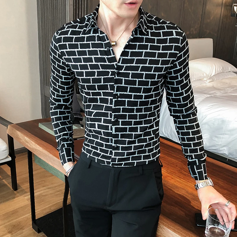 

Korean Style Irregular Plaid Shirt Dress Men Turndown Collar Long-sleeved Chemise Social Homme Night Club Tuxedo Casual Shirts