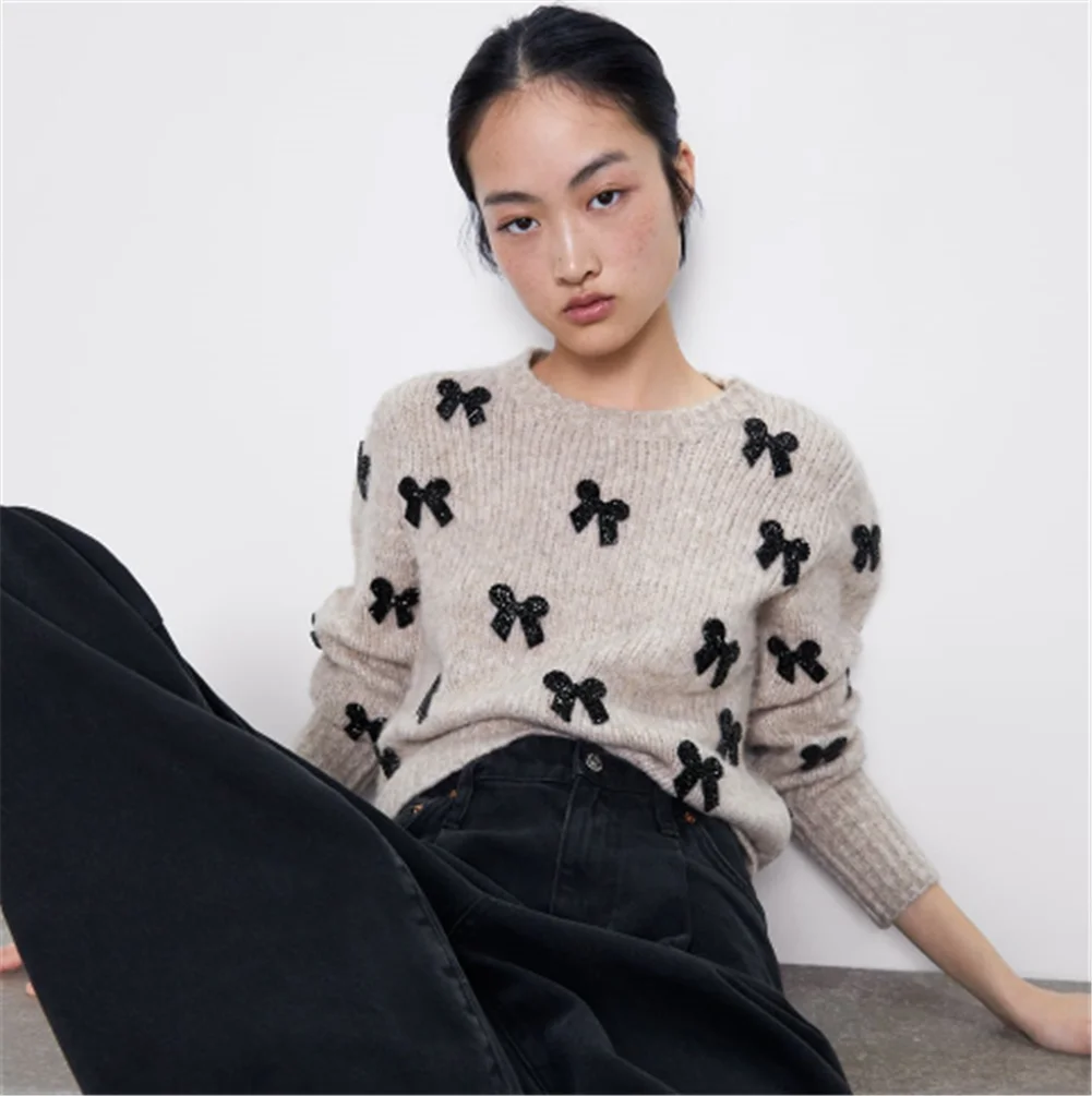 2019 ZA Women's Knit Sweater Fashion New Winter Bow Bohemian Long Sleeve Round Neck Party Gift | Женская одежда