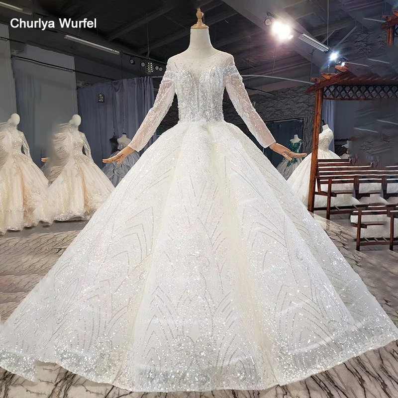 

HTL1738 Бальные платья, блестящее и роскошное свадебное платье с блестками и кристаллами 2020 с v-образным вырезом и длинным рукавом